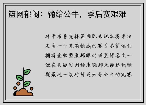 篮网郁闷：输给公牛，季后赛艰难