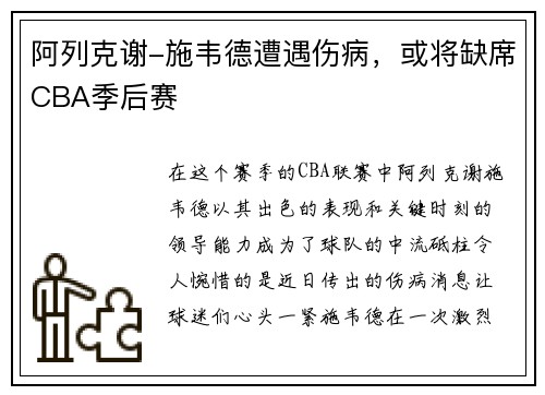阿列克谢-施韦德遭遇伤病，或将缺席CBA季后赛