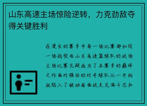 山东高速主场惊险逆转，力克劲敌夺得关键胜利